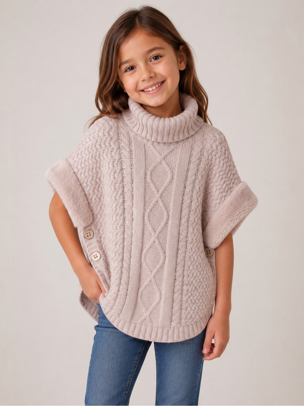 Isaac Mizrahi New York Girls 7-8 Cable Knit Poncho Sweater Faux Fur Trim